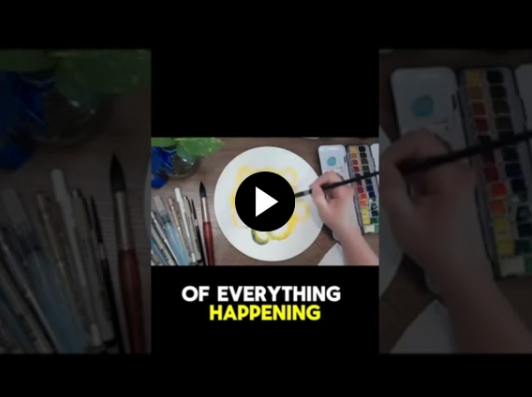 Image shows a Youtube screenshot of Cynthia's Intuitive Watercolor Tips video, showing her hand over a circular artwork, with some paint brushes and watercolor on the left and right side, respectively.