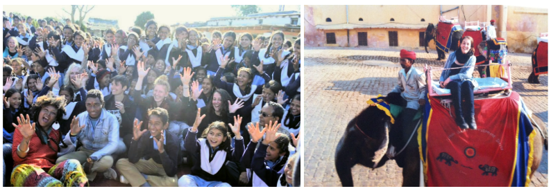 Left: Diverse students sitting together outdoors, with their hands raised and smiling at the camera with Cynthia. Right: Cynthia decorated elephant with red and colorful ornamental coverings, in what appears to be a courtyard or plaza.