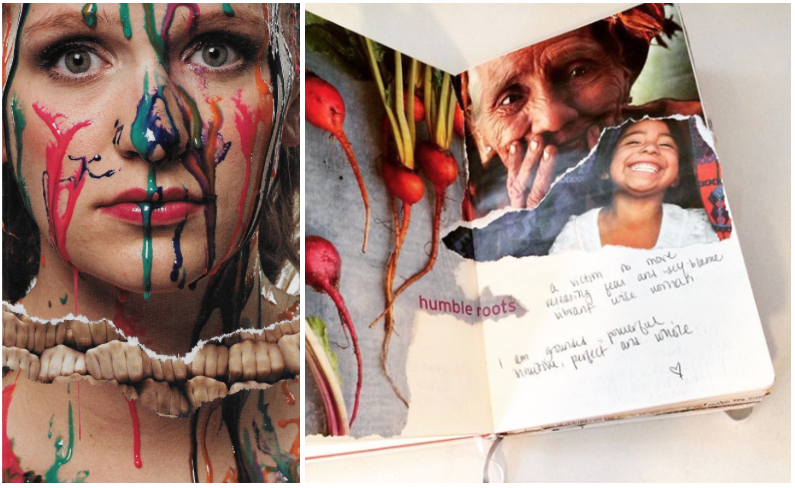 A two-panel image. On the left, a SoulCollage of a woman is depicted, with intense eyes that stares ahead as multicolored paint drips down her face, making a powerful visual. On the right, a mixed-media journal spread features another SoulCollage.