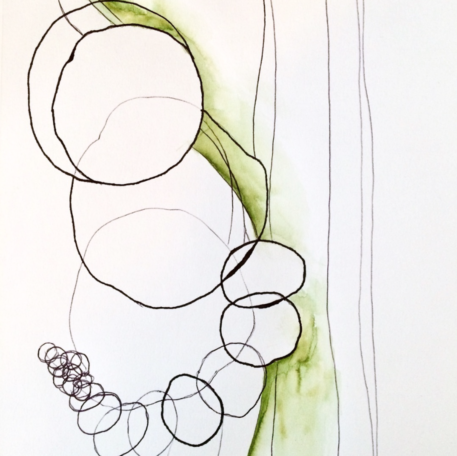 Abstract mindful art featuring flowing overlapping circles and organic shapes, representing meditative drawing, creative flow states, and artistic expression.