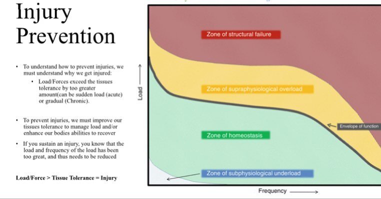 Understanding this graph will help you understand why you may develop injuries when exercising. We should aim to stay within the yellow zone, thereby progressively overloading our tissues (muscles, tendons, ligaments, bones etc), encouraging adaptati