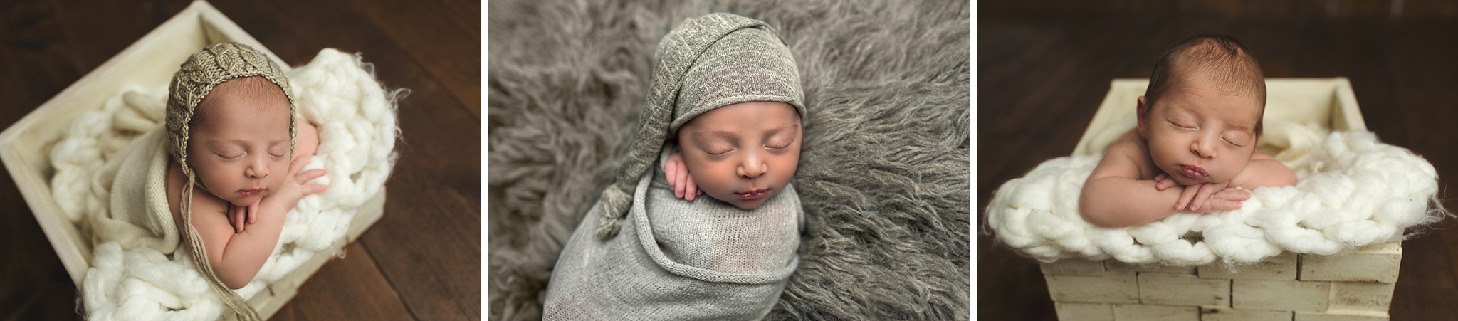 3 photos of baby boy in a box and on a rug