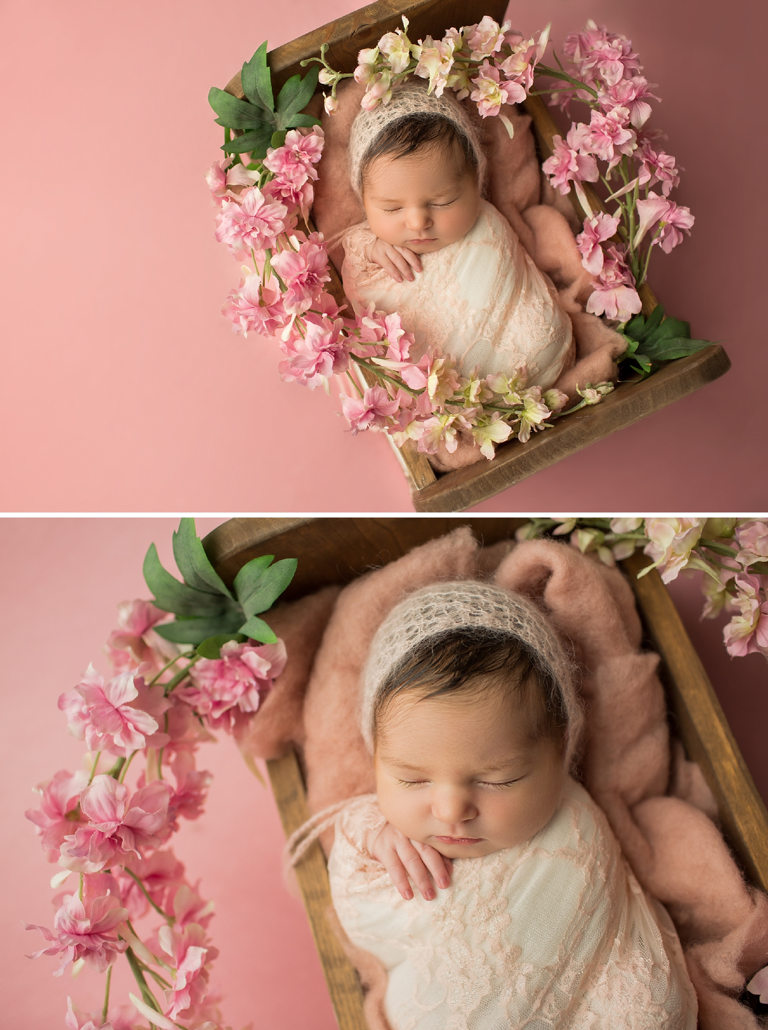 newborn baby with pink flowers surrounding her