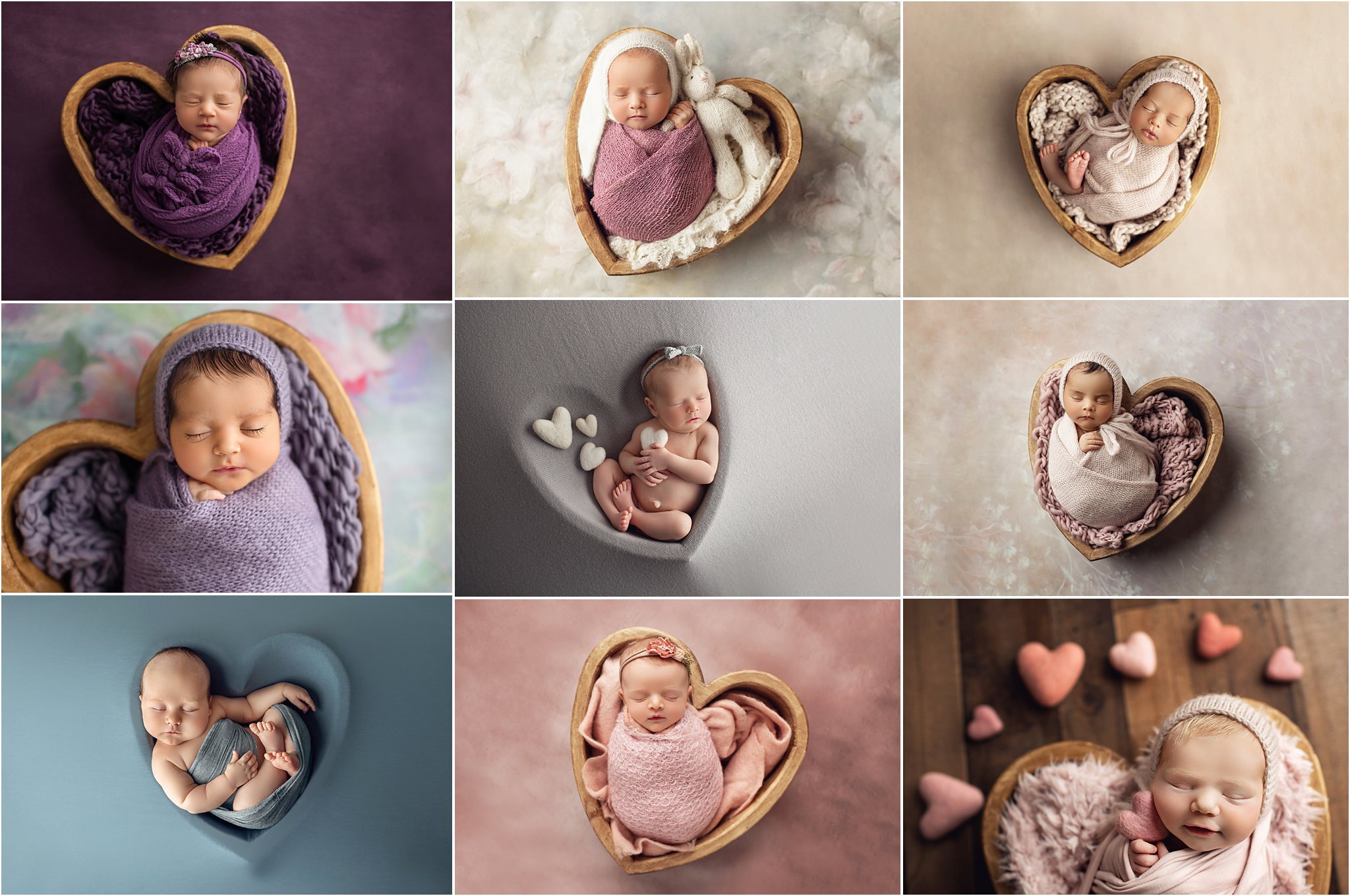 gallery of adorable babies in heart bowls with different colored backgrounds