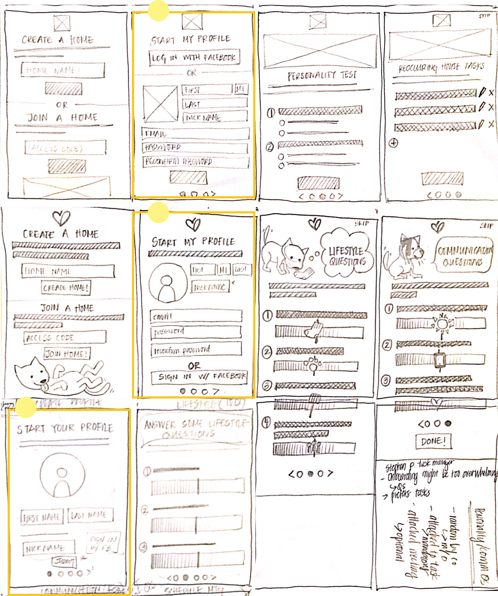 The yellow callouts signify iterations of the first on-boarding page.