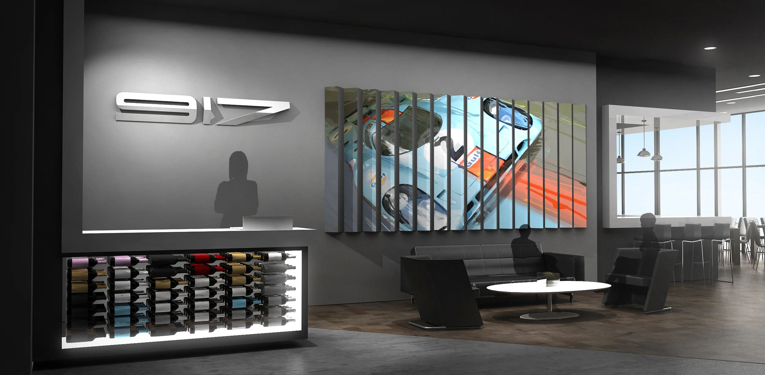  The welcome desk includes a wine bar stocking regional wines as well as custom Porsche branded wines. 