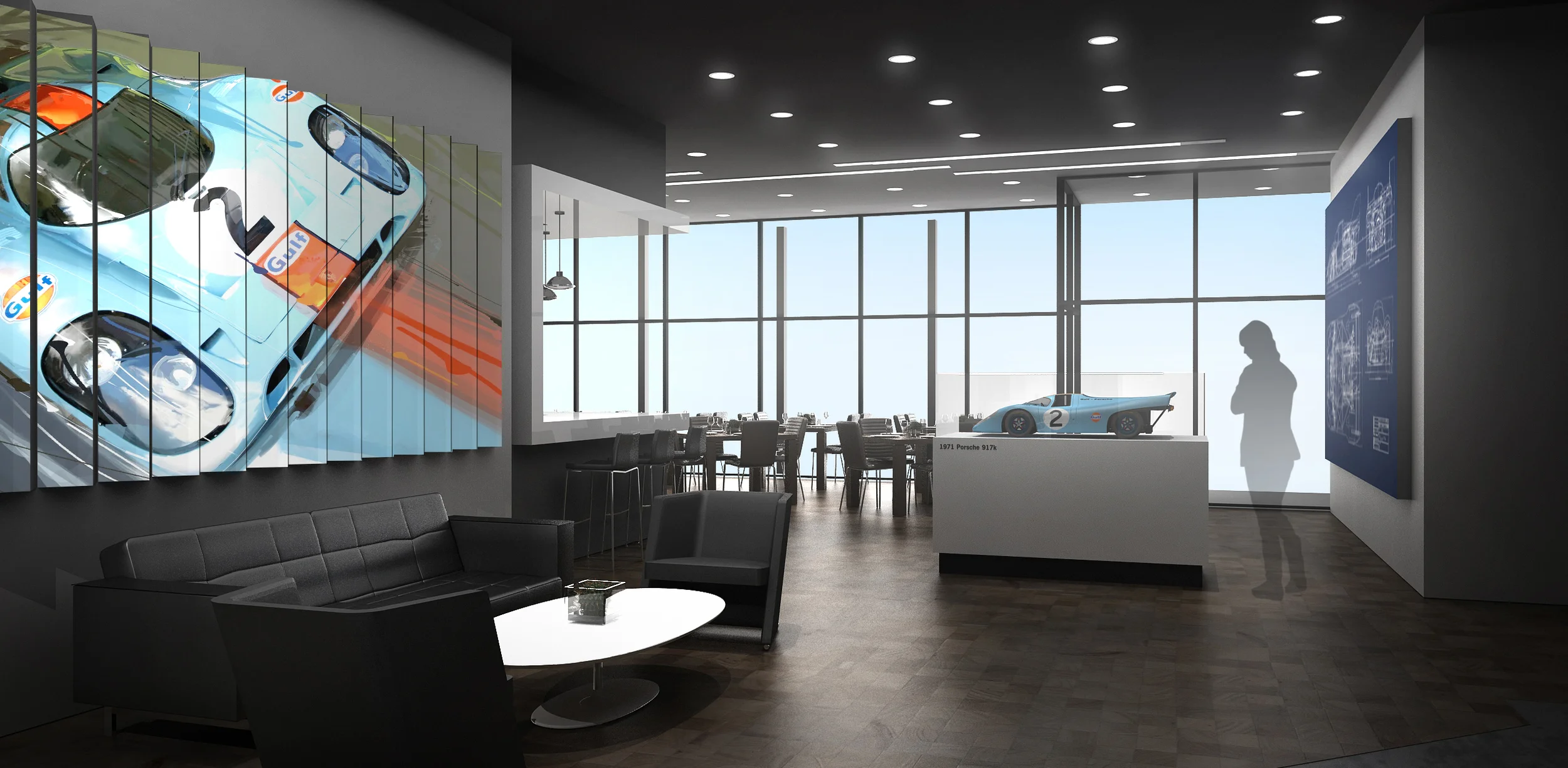  Various materials were blended to create both a performance and vintage feel including a custom Gulf wall sculpture, end-grain wood flooring and headlight pendant lights. 