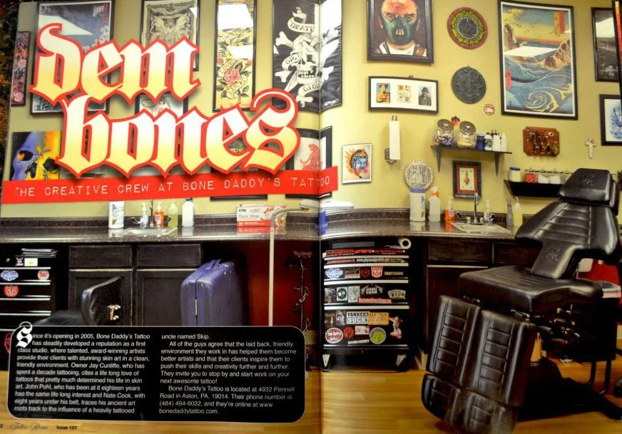 Dem Bones magazine feature about Bonedaddys Tattoo