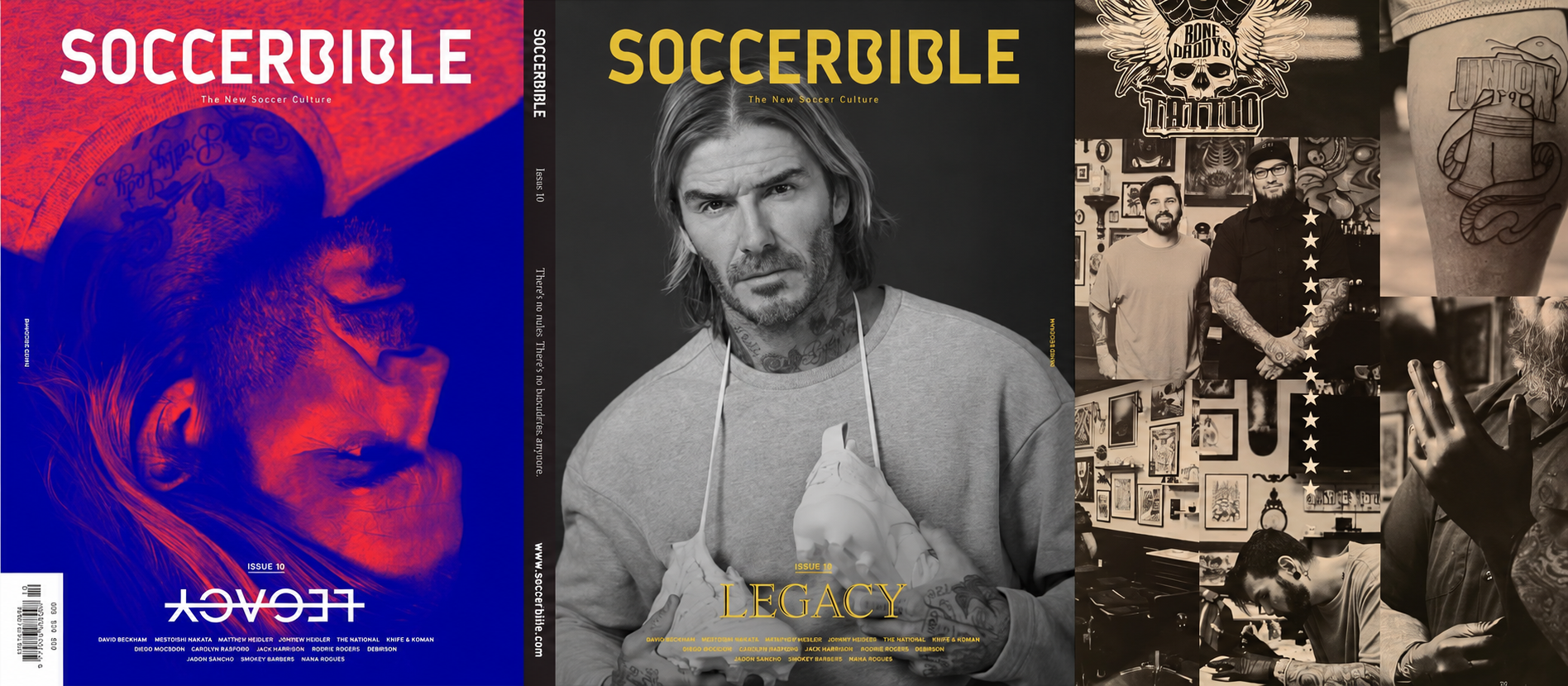 SoccerBible Issue 10 covers alongside photos of Jay Cunliffe and Bonedaddys Tattoo