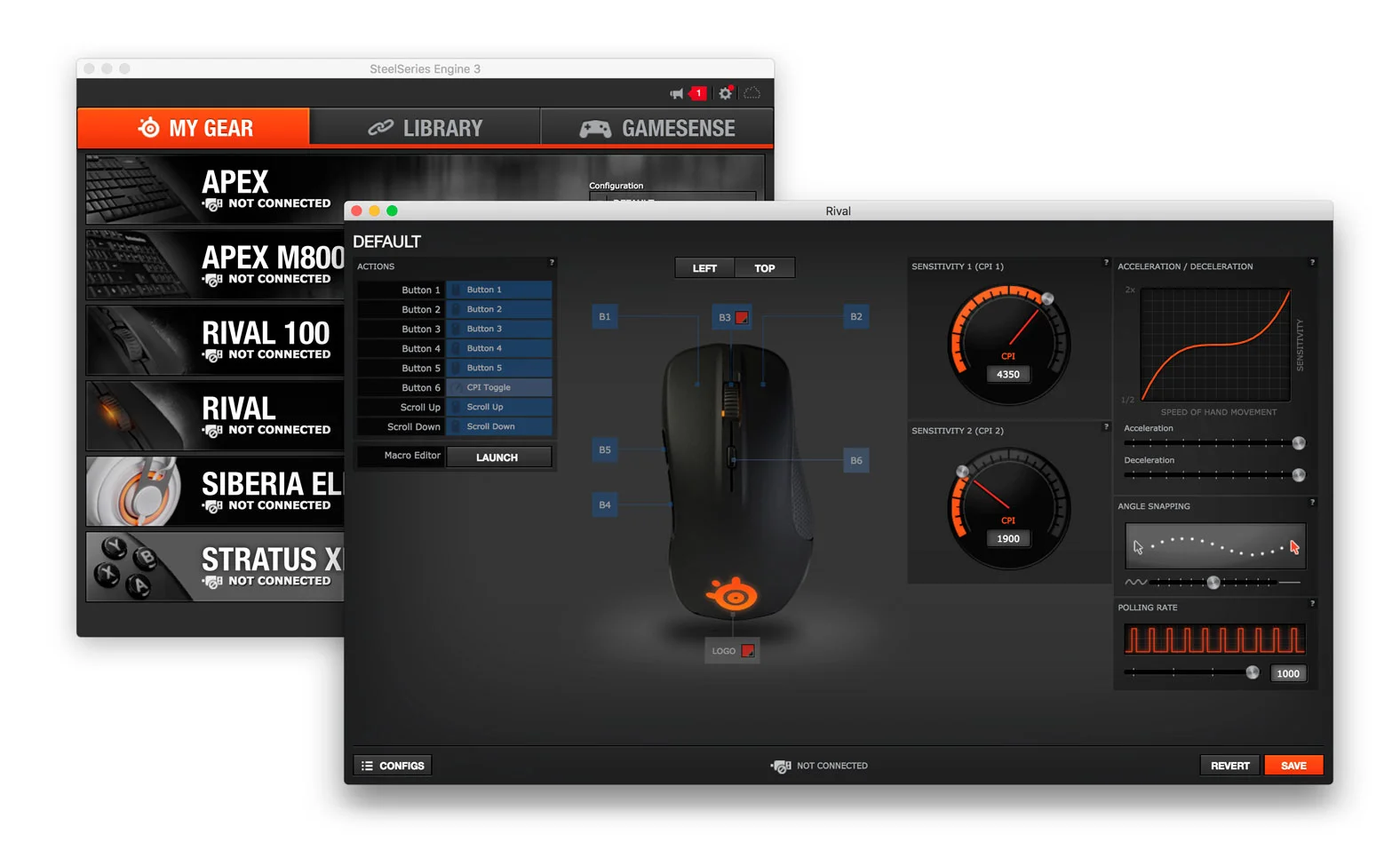 SteelSeries Engine - Device list and Rival Mouse configuration window