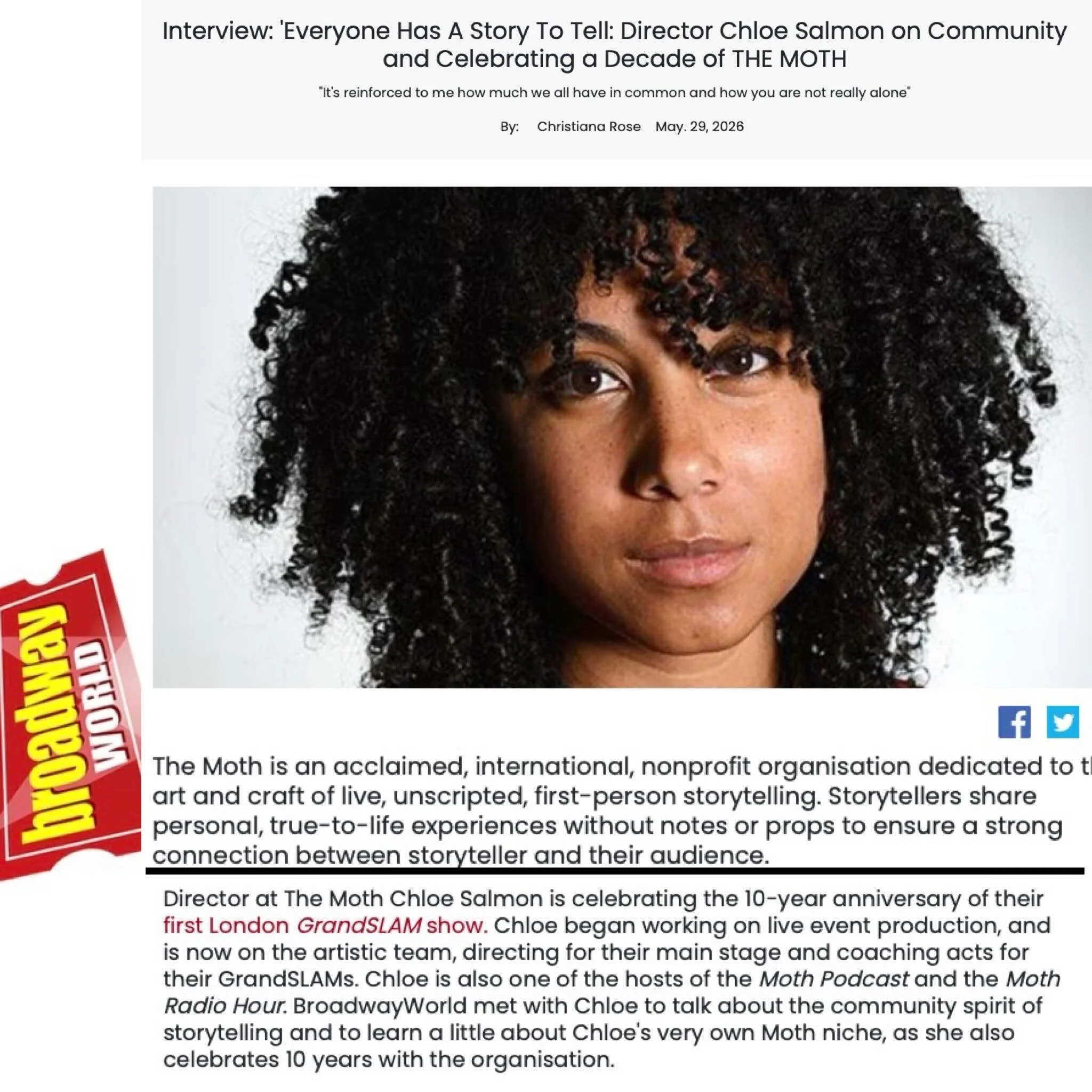 Thanks @broadwayworlduk for this great interview with @mothstories @salmonsteaks about the acclaimed global storytelling org&rsquo;s 10-year anniversary of its UK StorySLAM and the urgency of The Moth&rsquo;s effort to connect humanity through person