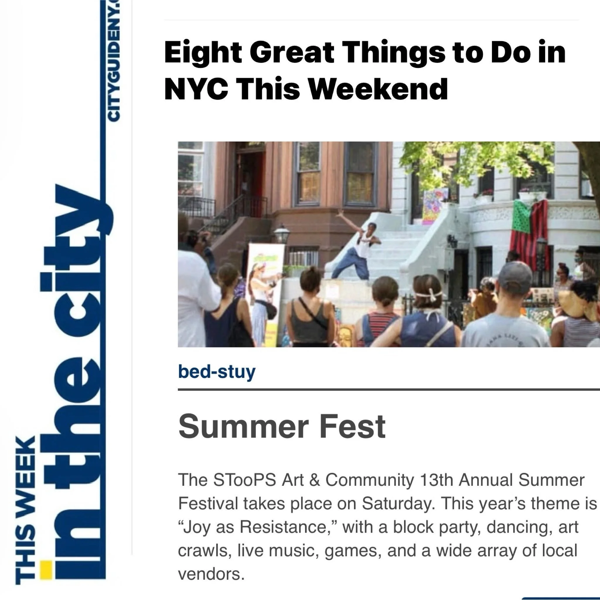 This weekend - @stoopsbedstuy free block party and art crawl returns for the 13th year in Bed-Stuy.

Thanks @cityguideny for including in your roundup of 8 great things to do this week. #linkinbio