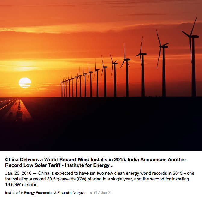 China Delivers a World Record Wind Installs in 2015; India Announces Another Record Low Solar Tariff | IEEFA.org