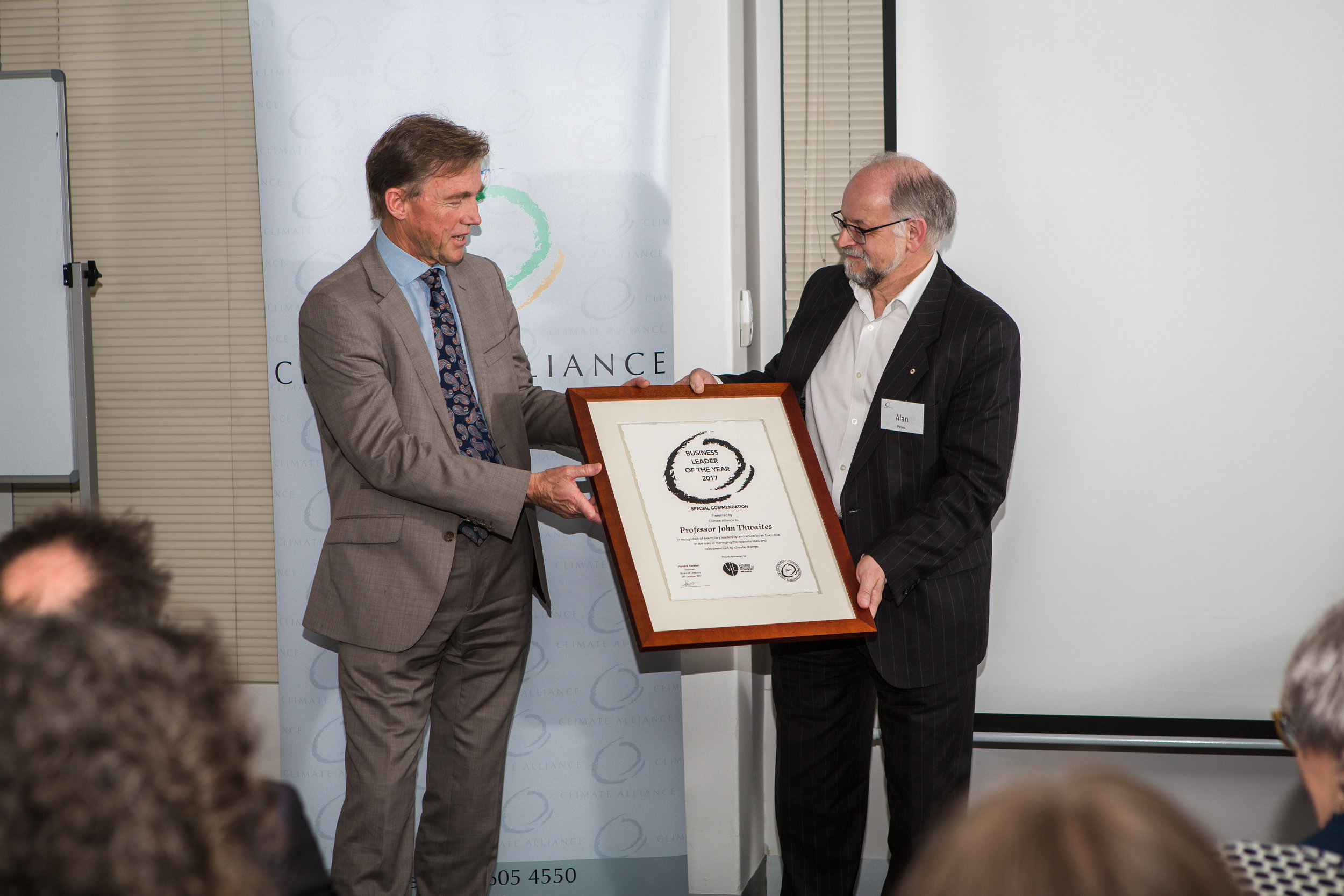  Special Commendation, Business Leader of the Year 2017 - Professor John Thwaites with Alan Pears, Member of the Climate Alliance Board of Advisors. 