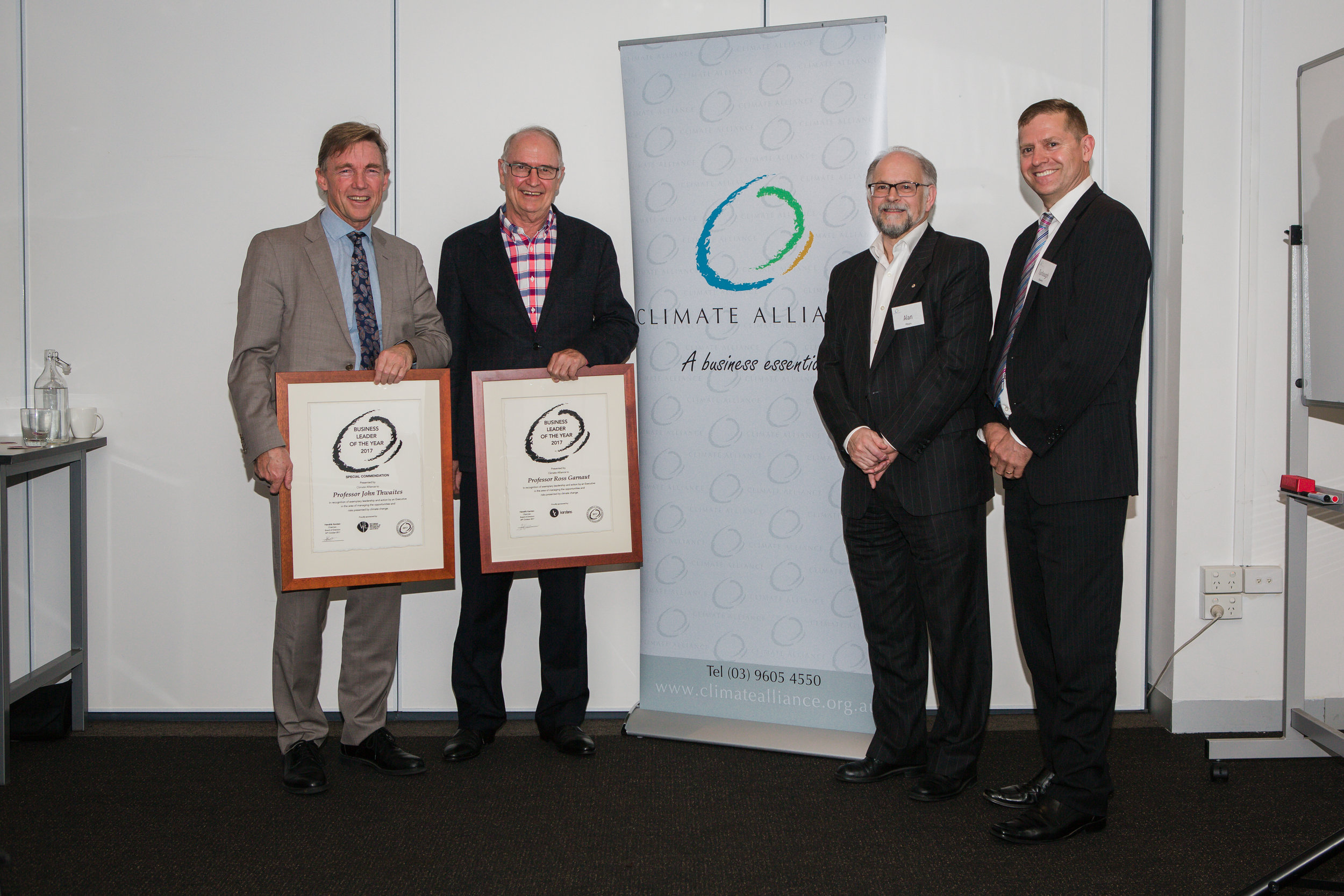  2017 Business Leaders of the Year, Professor John Thwaites, Professor Ross Garnaut with Alan Pears and Dr Turlough Guerin. 