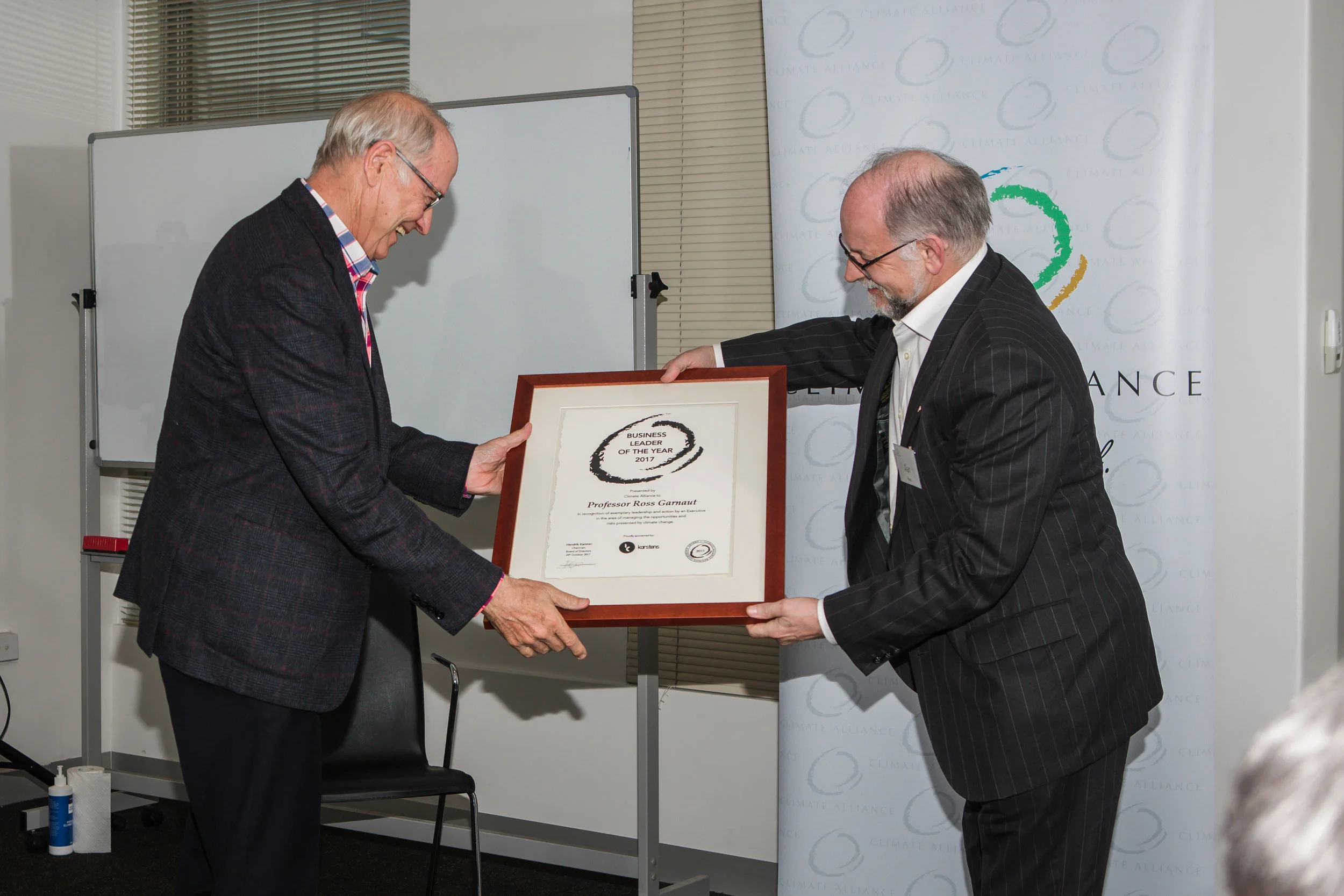  Business Leader of the Year 2017 - Professor Ross Garnaut with Alan Pears, Member of the Climate Alliance Board of Advisors. 