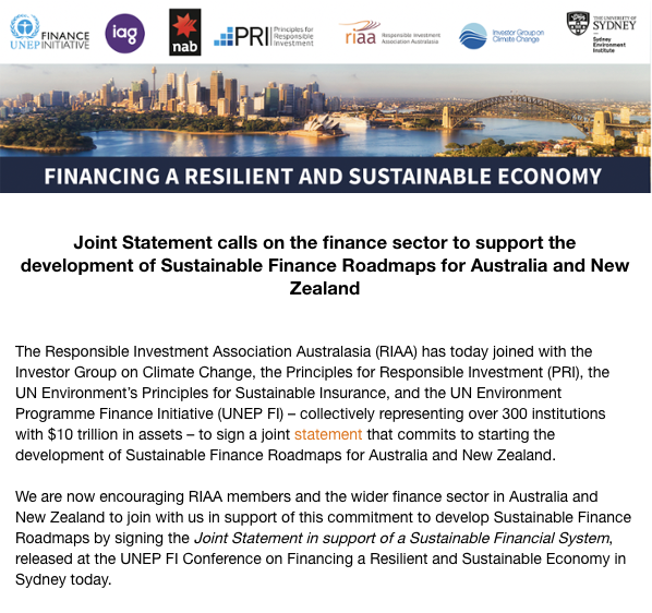 Financing a resilient and sustainable economy | RIAA, IGCC, PRI, UNEP SI and UNEP FI