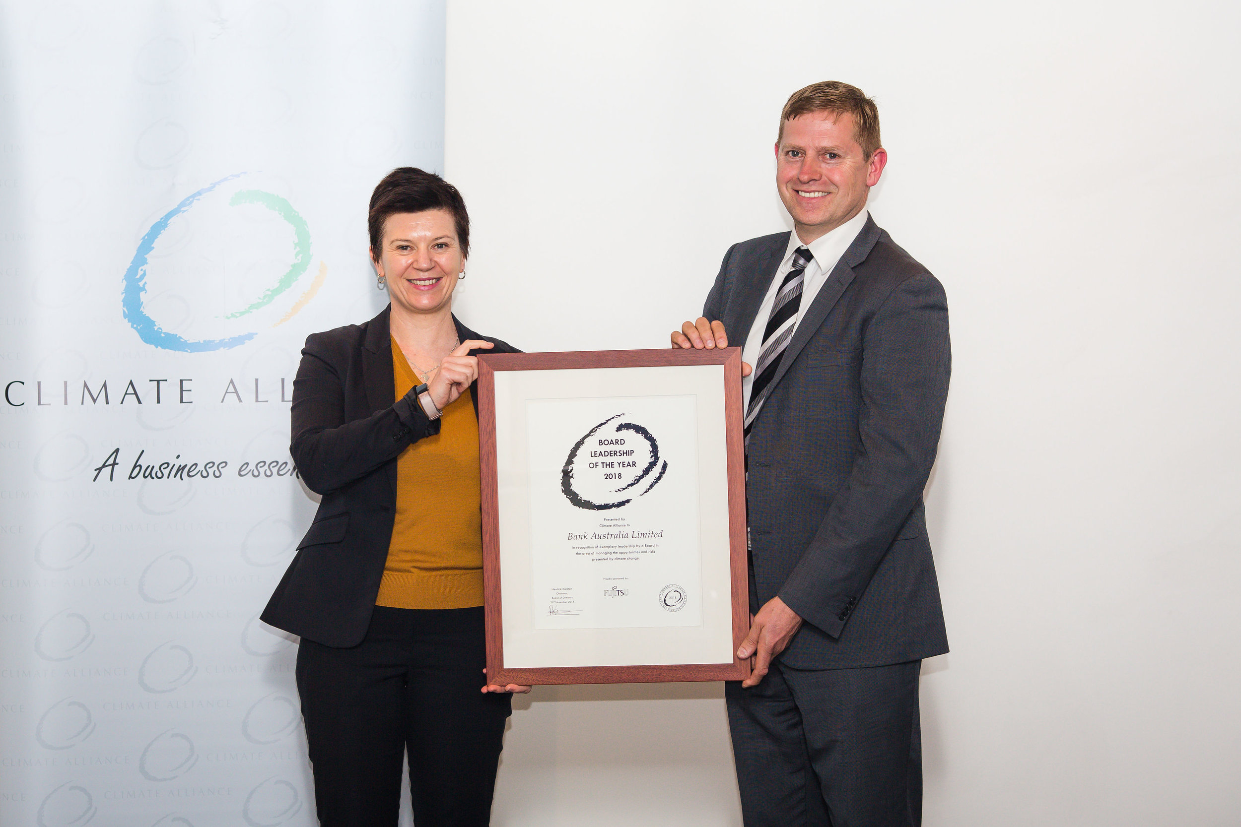  Board Leadership of the Year 2018 - Bank Australia, represented by Fiona Nixon, Head of Corporate Affairs with Turlough Guerin, Chairman of the Climate Alliance Board of Advisors. 