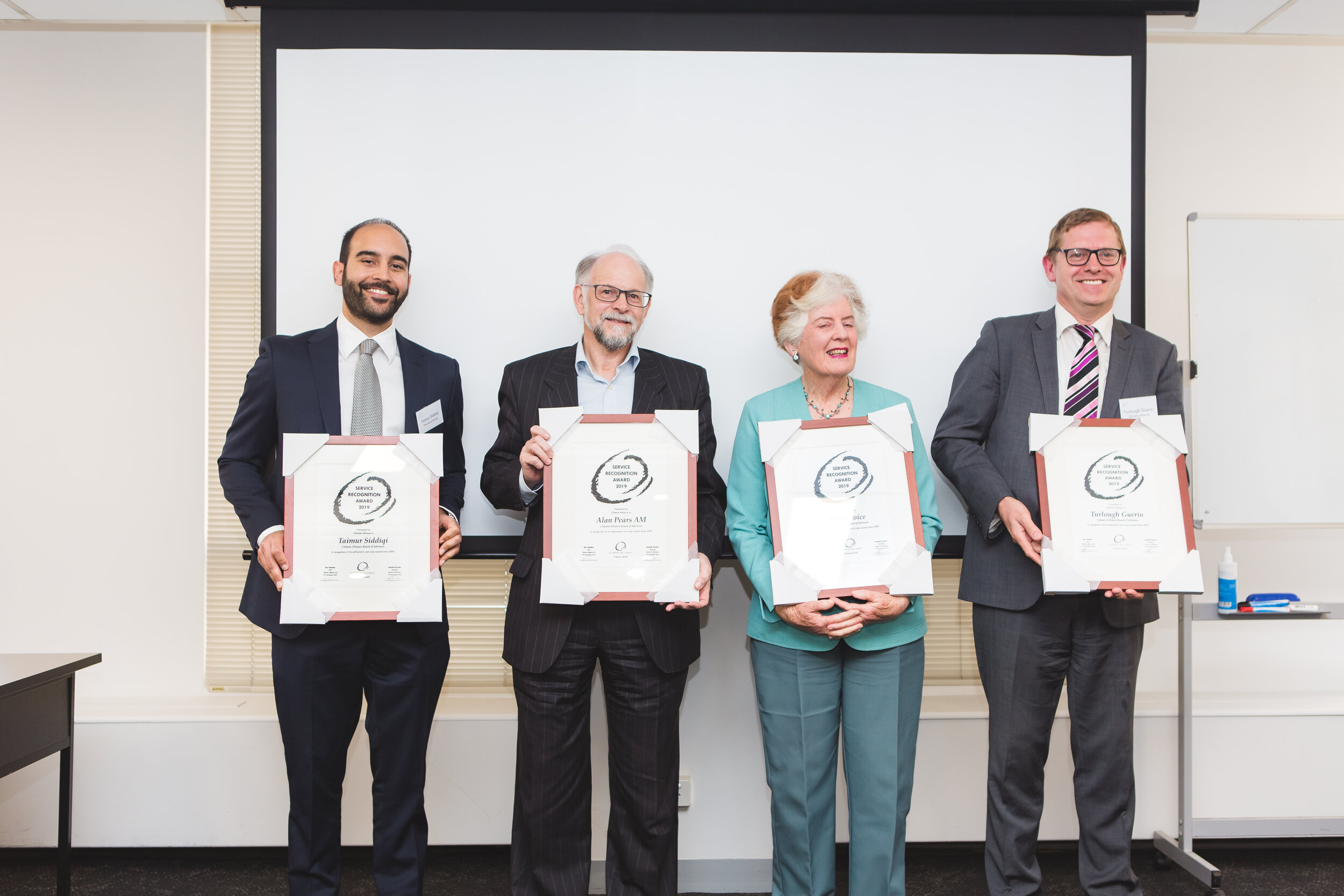  Climate Alliance Board of Advisors: Taimur Siddiqi, Adjunct Professor Alan Pears AM, Mary Voice and Turlough Guerin. 