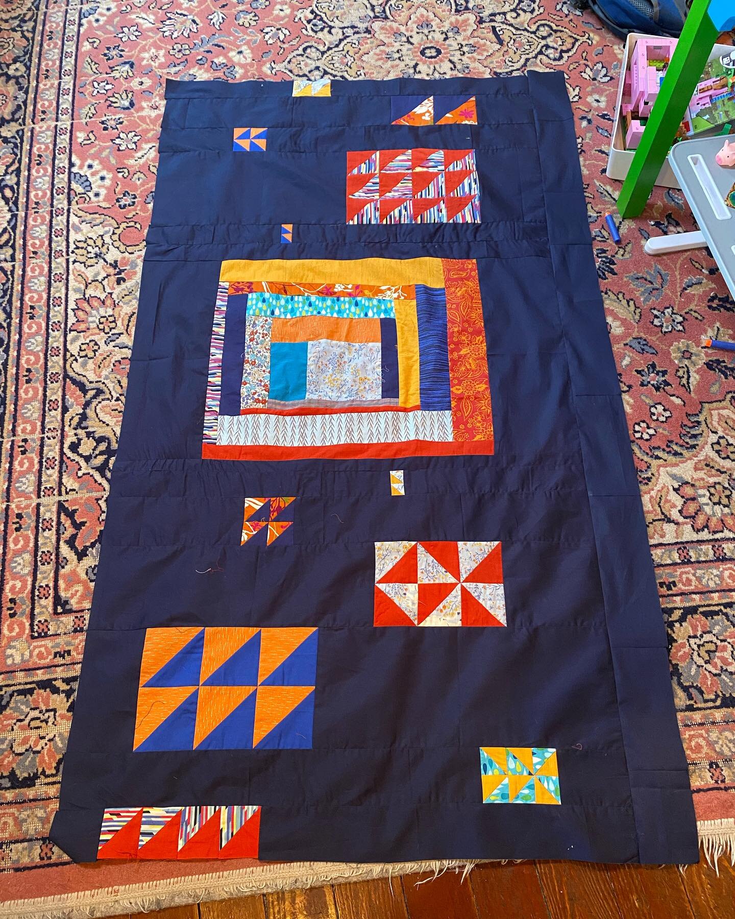 Messy deconstructed modern improv quilt (I need to get my sewing machine serviced). Feels good to make progress on a project that&rsquo;s been stalled for months. Letting go of any perfectionism and just enjoying the process.