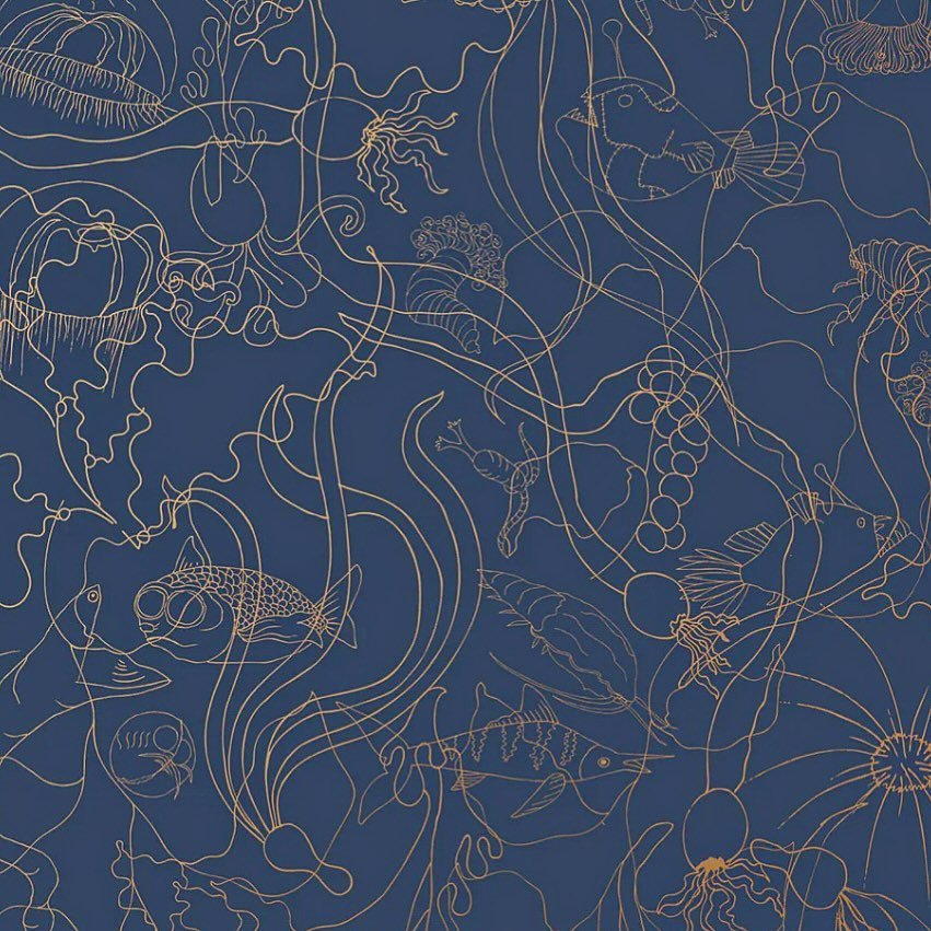 Love this elegant &amp; unexpected underwater wallpaper. The deep blue is classic &amp; nearly neutral combined with gold line drawings of plant &amp; animal life under the sea. 🦀 🐟 🐠 🐳 🐙 #interiordesign #interiordesigner #seattledesigner #pnw #