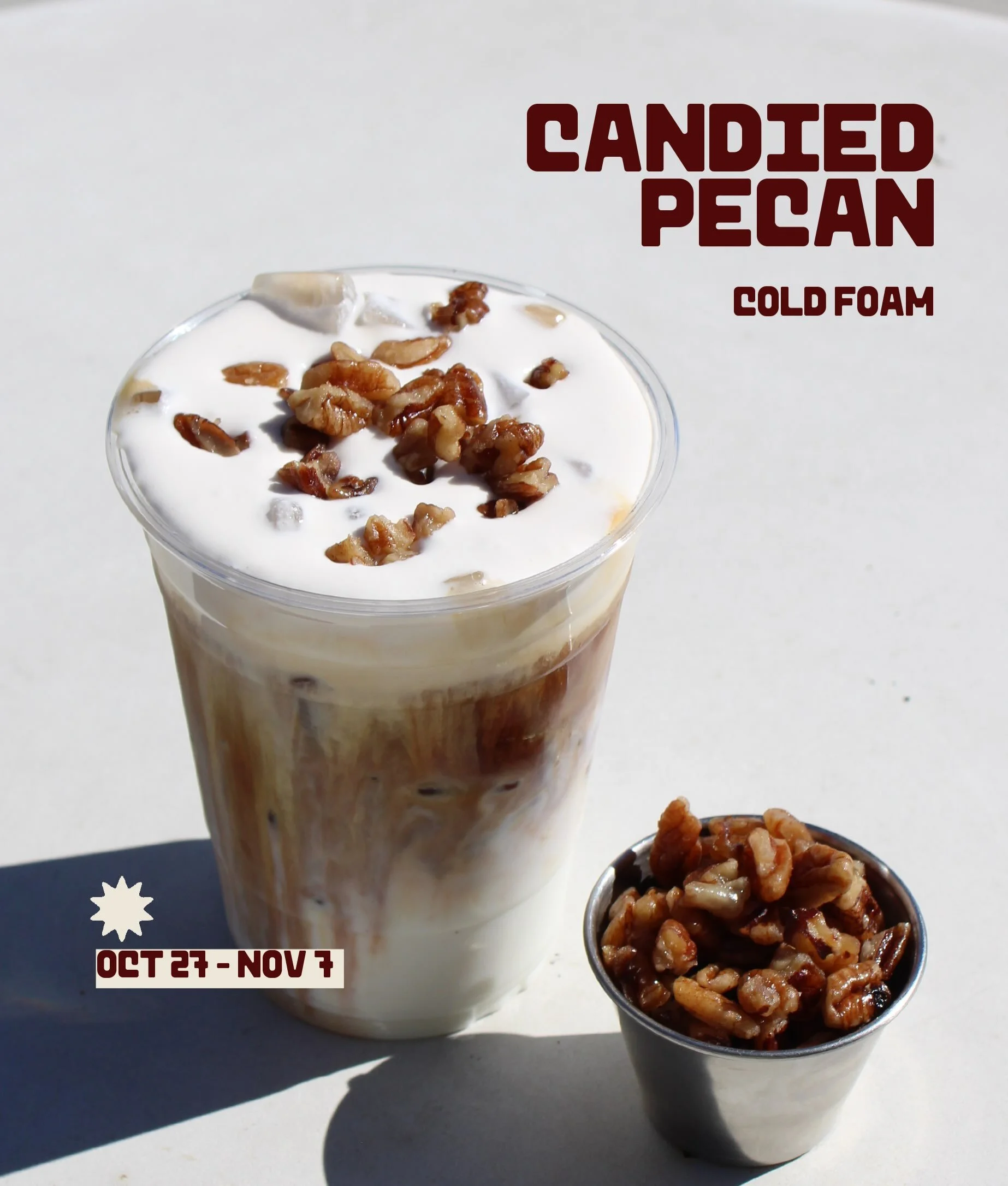our latest two week drop is here!! add candied pecan cold foam to any iced drink or/and add our toasted marshmallow syrup or bourbon syrup (alcohol free) to you favorite latte or cap. 

as always, these drinks are dreamed up by our team, made in-hous
