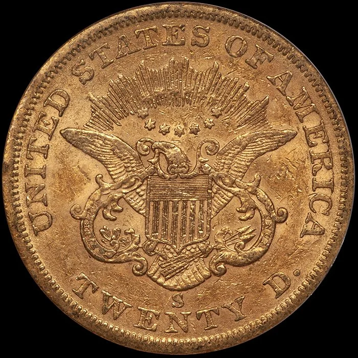 Double Eagle. 1855-S San Francisco $20 gold coin. PCGS EF40 CAC Gold sticker. OGH.