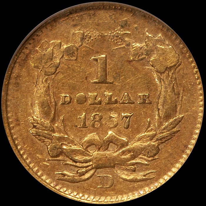 Gold Dollars. 1857-D Dahlonega $1.00 gold coin. NGC VF35. CAC Gold Sticker.