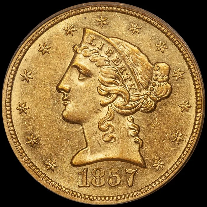 Half Eagle. 1857-O New Orleans $5 gold coin. PCGS MS61.