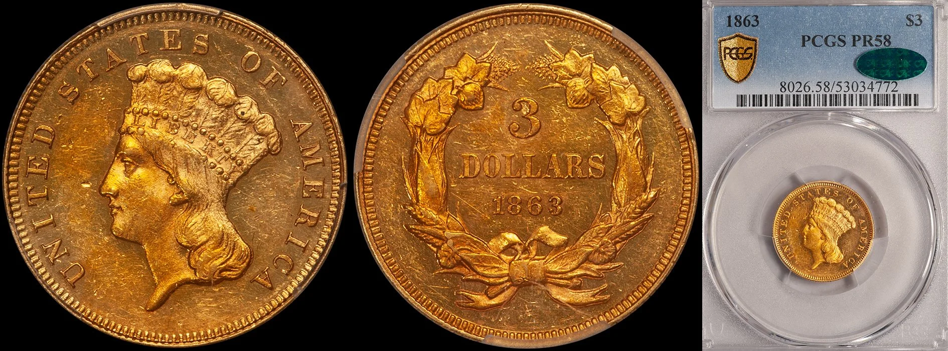 Three Dollars. 1863 Proof $3.00 gold coin.PCGS PR58 CAC.