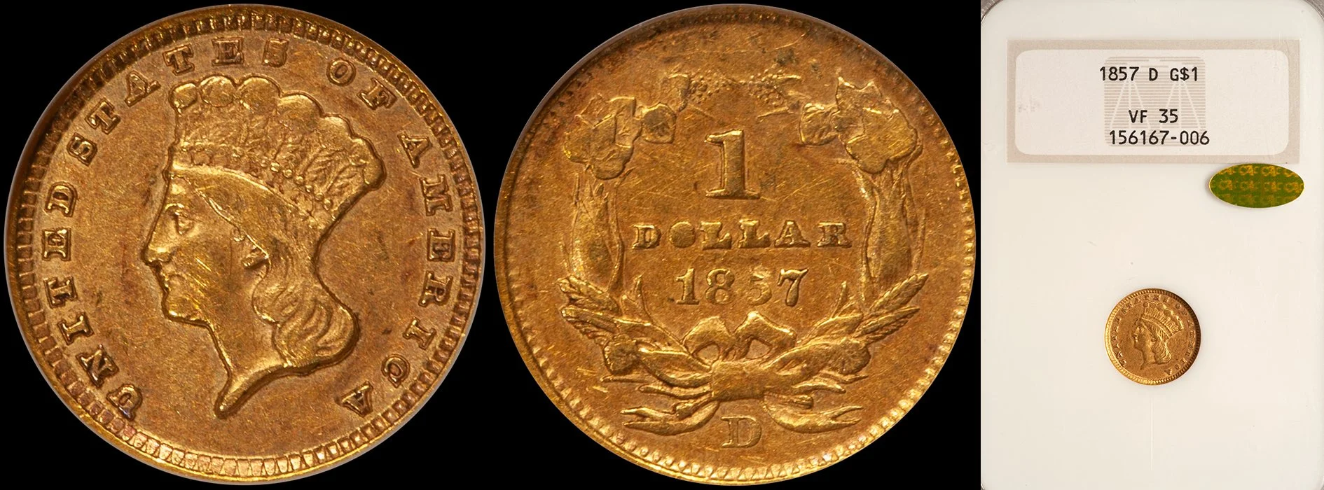 ON HOLD - $1.00 - 1857-D NGC VF35, CAC Gold Sticker