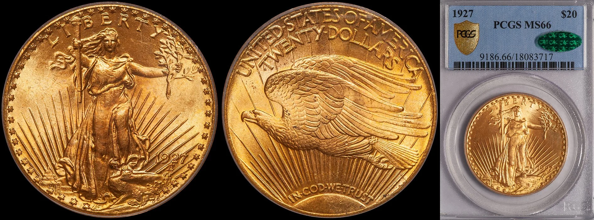 Double Eagle. 1927 20 gold coin. PCGS MS66 CAC. Rare Gold Coins