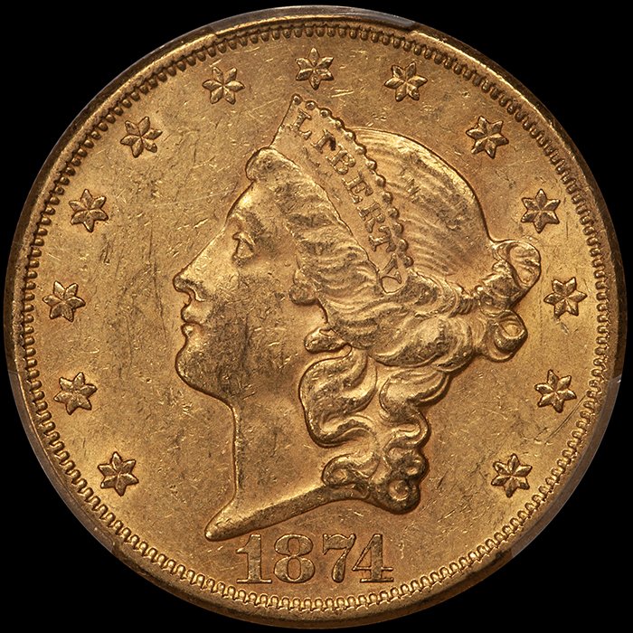 Double Eagle. 1874-CC Carson City $20 gold coin. PCGS AU58 CAC. Fairmont.