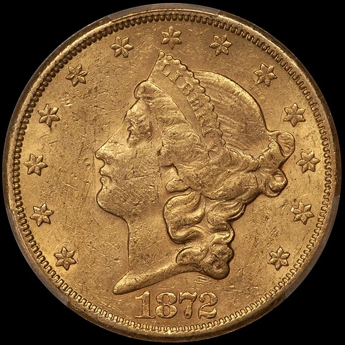 Double Eagle. 1872-CC Carson City $20 gold coin. PCGS AU58.