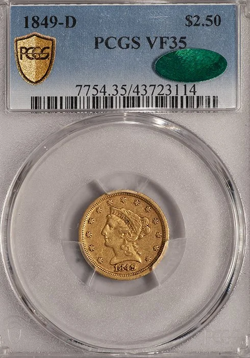 Quarter Eagle. 1849-D Dahlonega $5 gold coin. PCGS VF35 CAC.