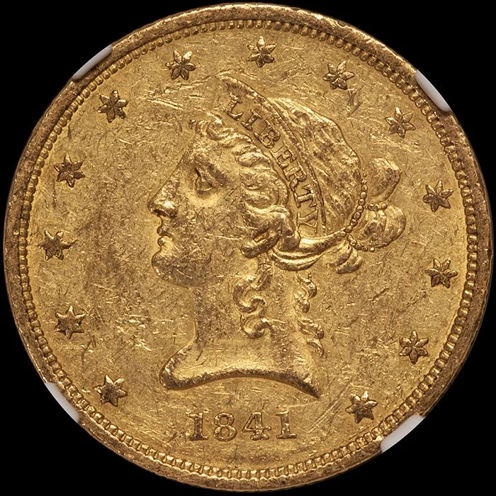 Eagle. 1841 $10 gold coin. NGC AU58.