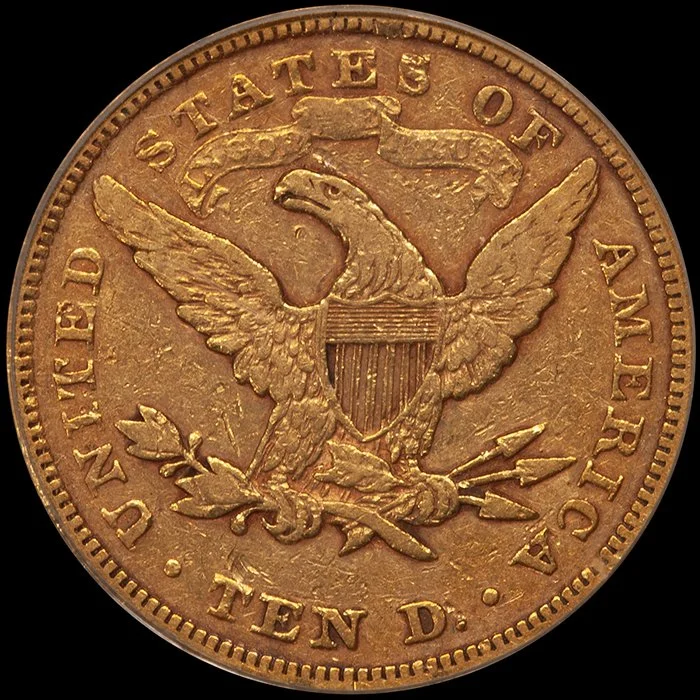 Eagle. 1875 $10 gold coin. PCGS VF30, Old Green Holder.