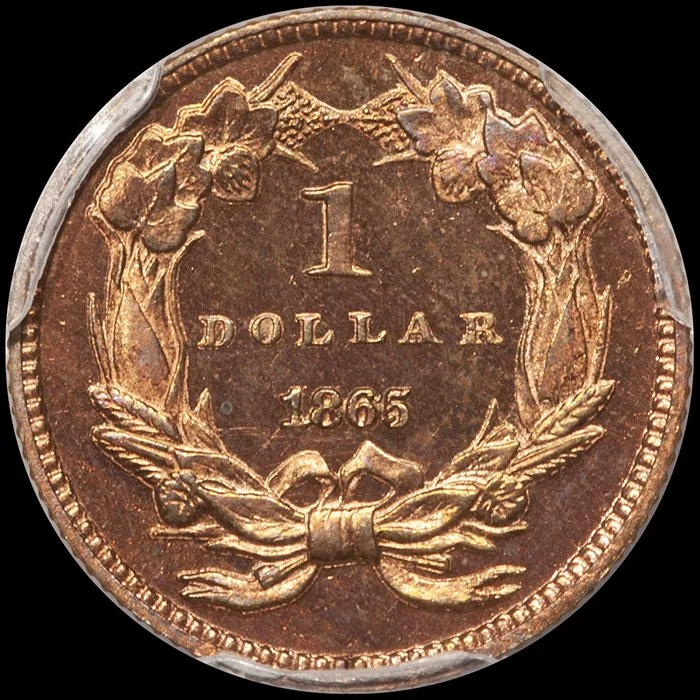 Gold Dollar. 1865 pattern Proof gold dollar. J-438. PCGS PR66RB. Ex Simpson.