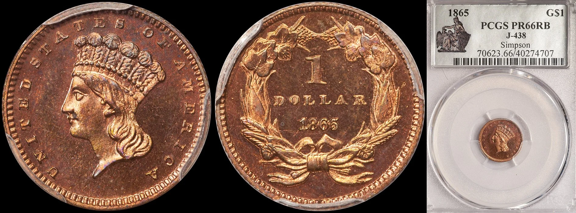 Gold Dollar. 1865 pattern Proof gold dollar. J-438. PCGS PR66RB. Ex Simpson.
