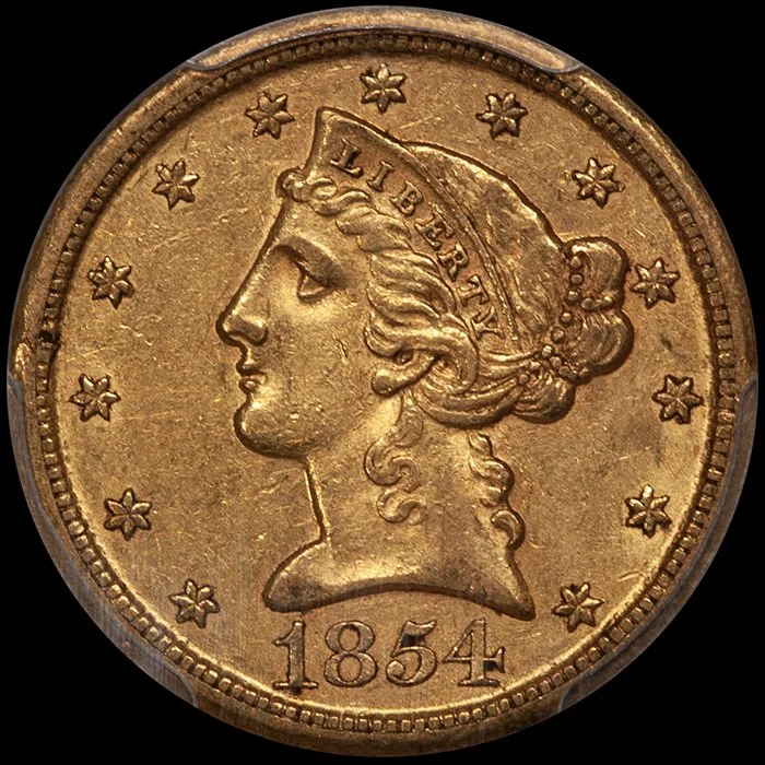 Half Eagle. 1854-D Medium D, Dahlonega $5.00 gold coin. PCGS AU58 CAC. Fairmont.