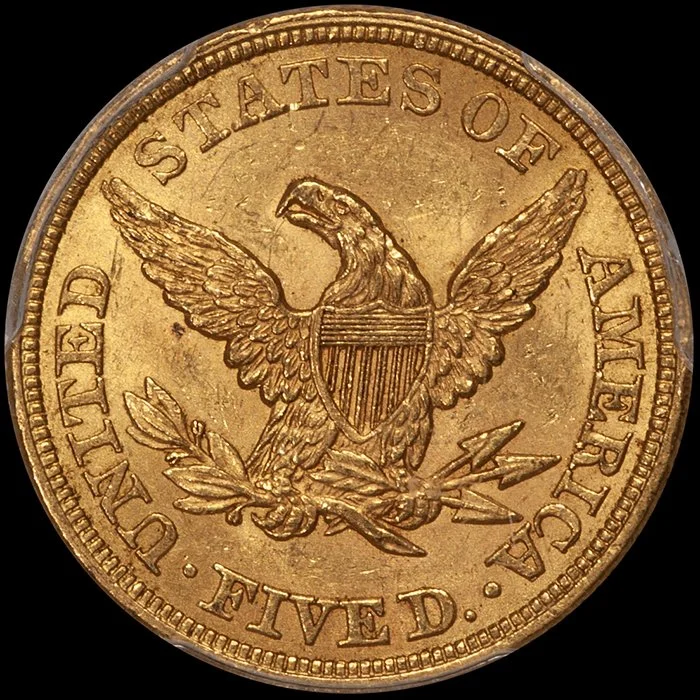 Half Eagle. 1857 $5 gold coin. PCGS MS63 CAC. Fairmont.