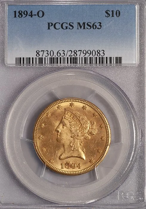 Eagle. 1894-O New Orleans $10 gold coin. PCGS MS63.