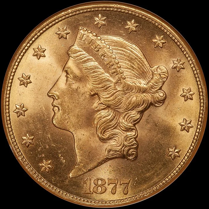 Double Eagle. 1877 $20.00 gold coin. NGC MS63.