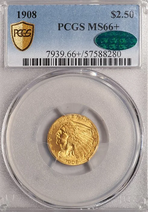 Quarter Eagle. 1908 $2.50 gold coin. PCGS MS66+ CAC.