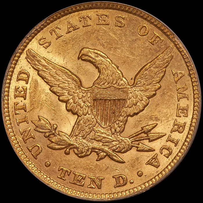 Eagle. 1853 $10 gold coin. PCGS MS61 CAC.