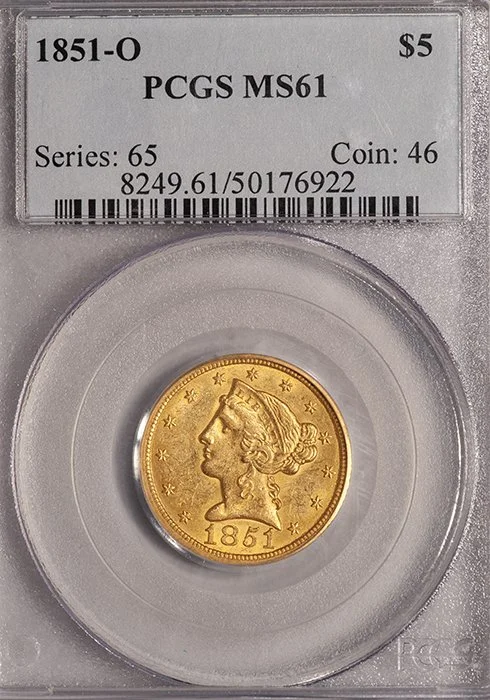 Half Eagle. 1851-O New Orleans $5.00 gold coin. PCGS MS61.