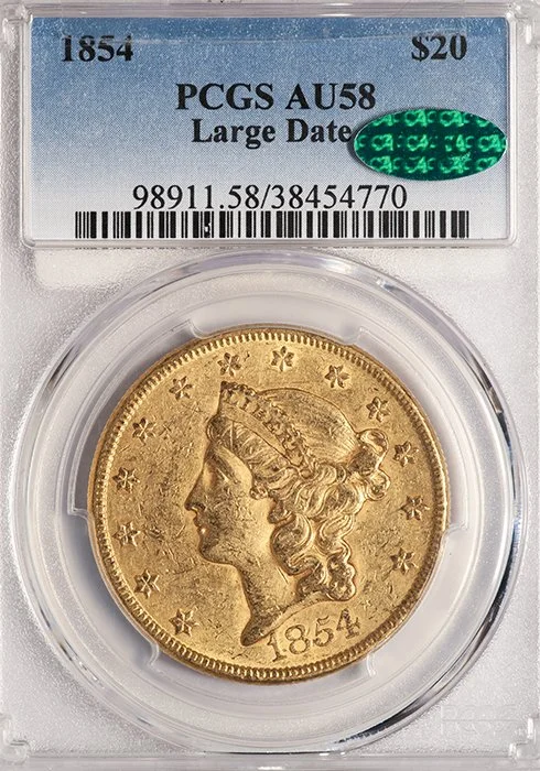 1854 Large Date $20 gold coin graded PCGS AU58 CAC (Copy)