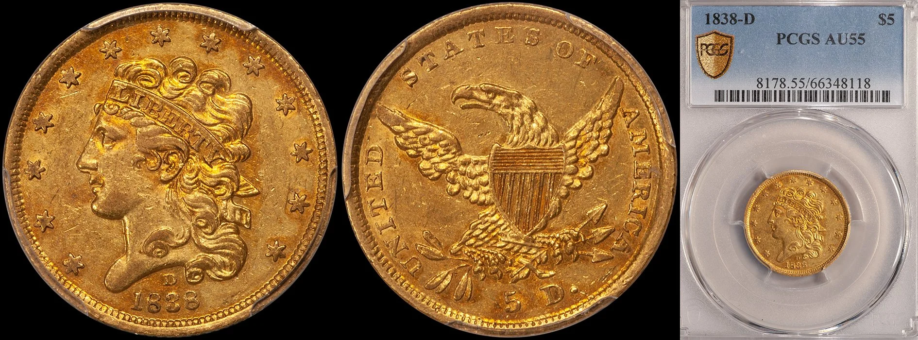 ON HOLD - $5.00 - 1838-D PCGS AU55