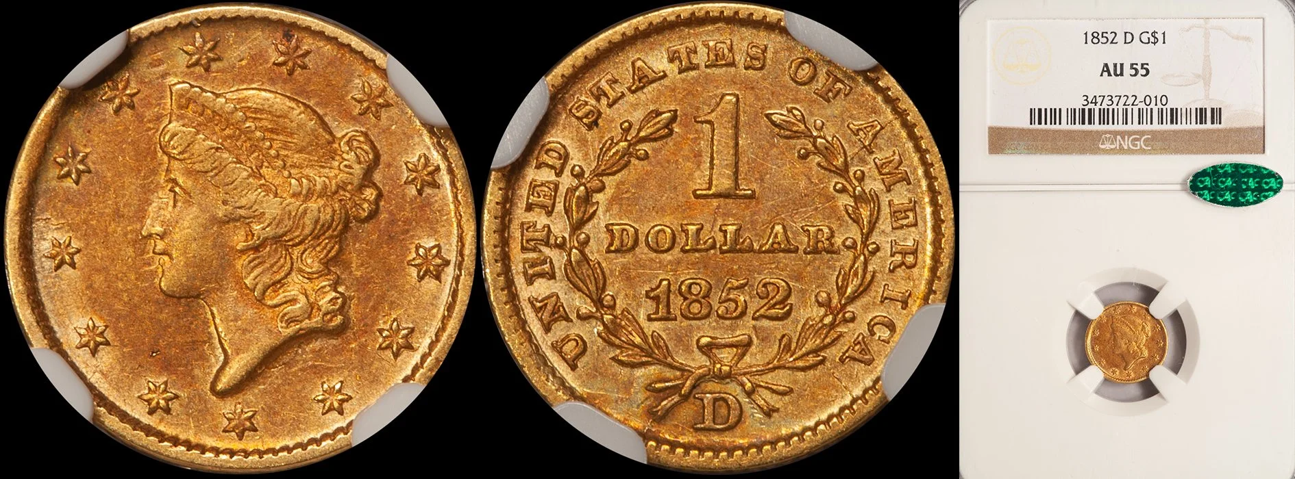 ON HOLD - $1.00 - 1852-D NGC AU55 CAC