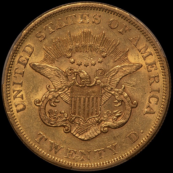 Double Eagle. 1859 $20 gold coin. PCGS AU55.